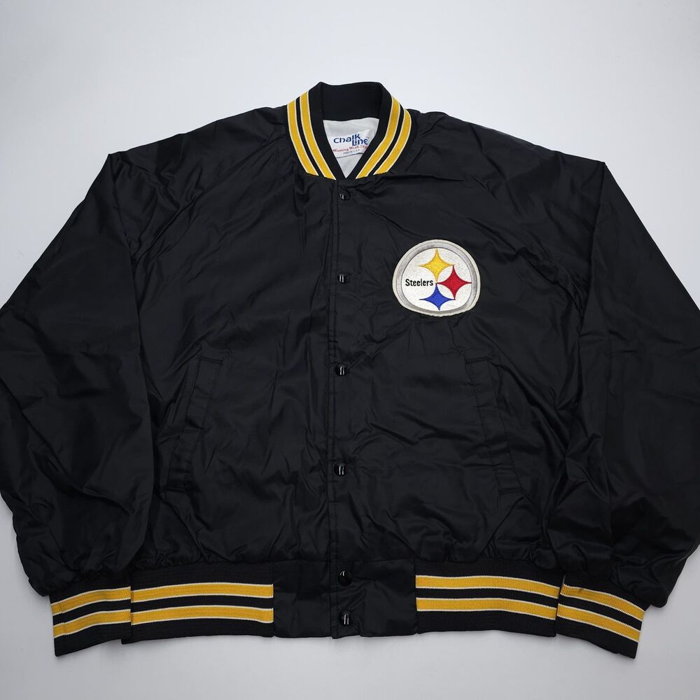 Vintage Chalk Line Jacket Mens Large Pittsburgh Steelers Satin Bomber Black USA